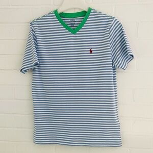 Boys Classic Ralph Lauren Blue And Green Striped V-Neck T-Shirt Size 14/16